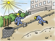 屋外の排水管を敷設するため、手掘りで溝の掘削・埋め戻し作業中の熱中症